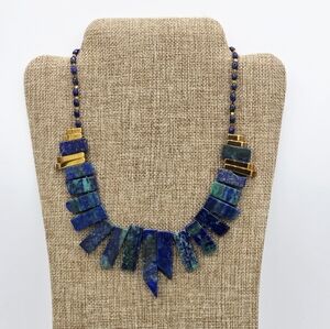 Chico’s Blue Green Stone Bib Necklace Danita Tribal Egyptian Style Gold Tone VTG